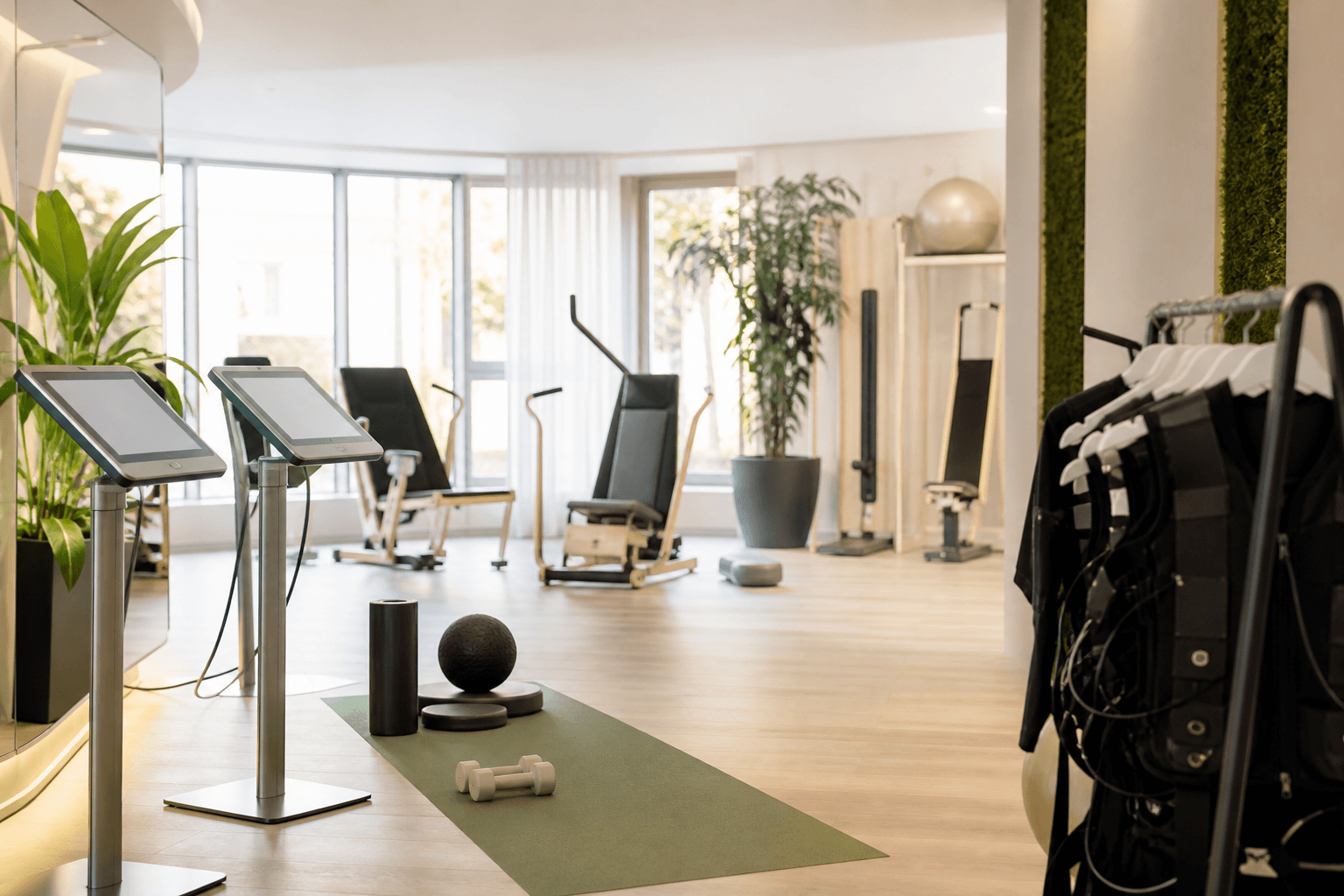 De lichte trainingsruimte van Line Studio Demo met moderne apparaten