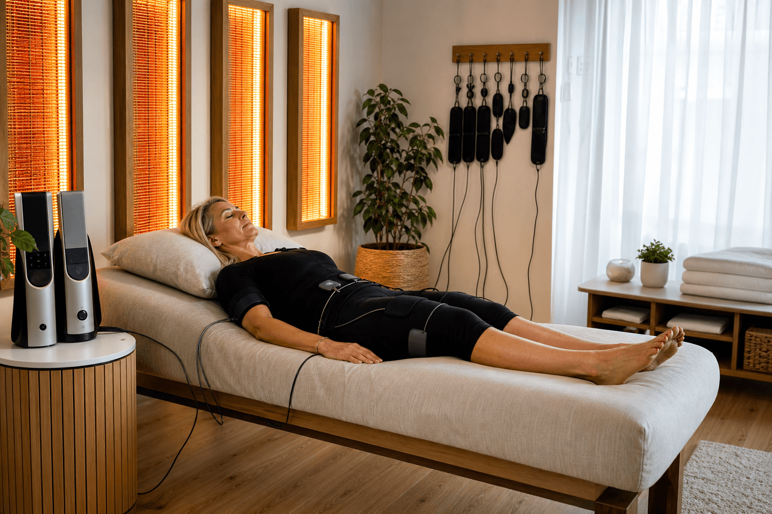 De lichte behandelruimte van Line Studio Demo, met een matras en infraroodpanelen