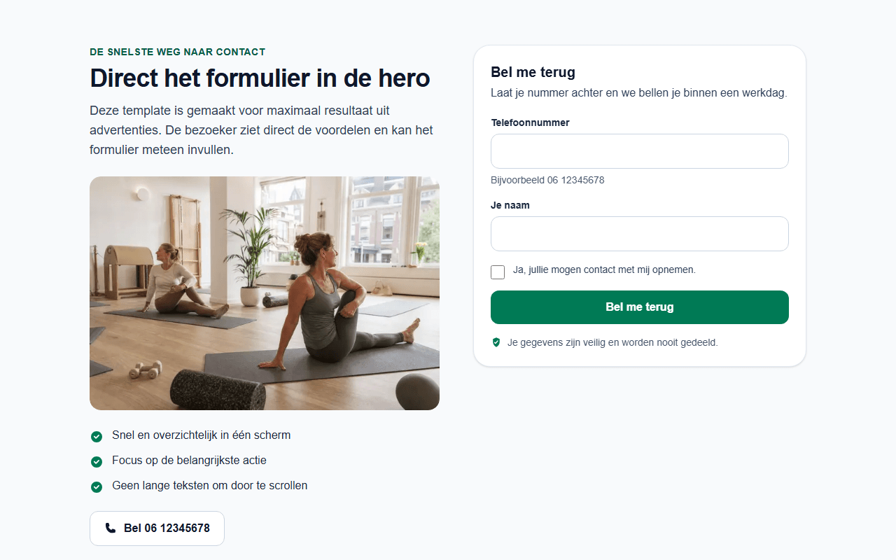 Voorbeeld van de template Hero met formulier
